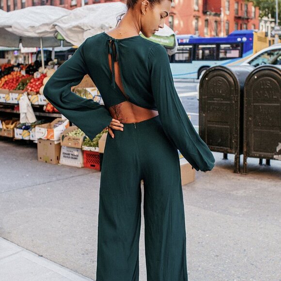 NWT Lulus Moments That Last Hunter Green Long Sleeve Cutout Jumpsuit - Picture 3 of 12